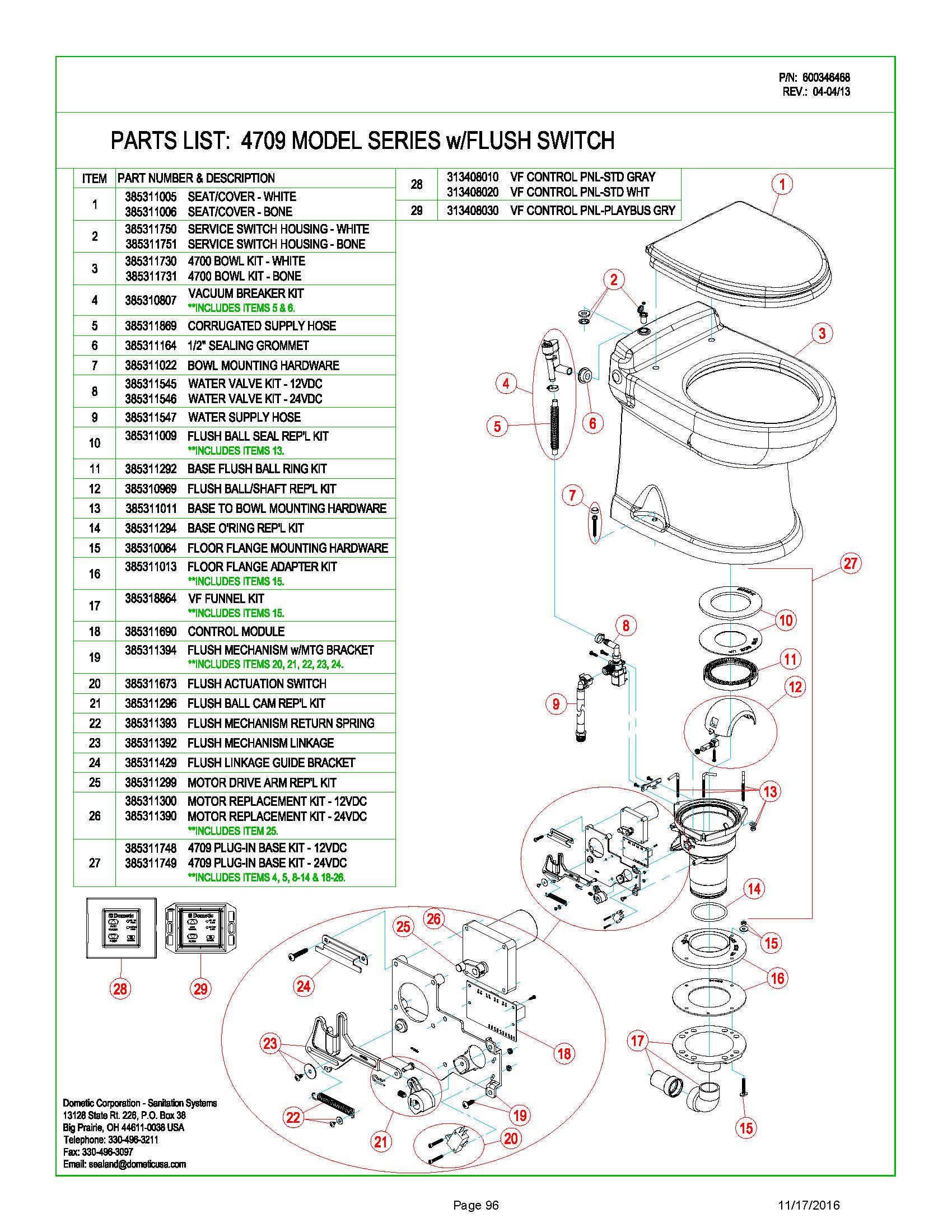 Sealand Dometic Vacuflush 4709 Toilet Spare Parts
